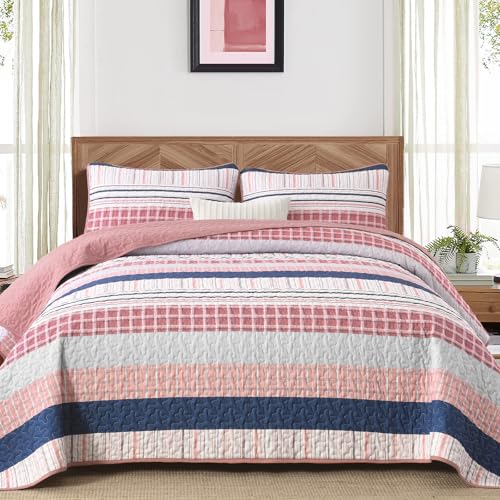 DJY Striped Queen Size Quilt Set, Pink Boho Bedspread Coverlet Set with 2 Pillowcases, 3 Pieces Soft Lightweight Microfiber Patchwork Quilt Bedding Set for All Season (96"x90") - color: Pink, size: Queen
