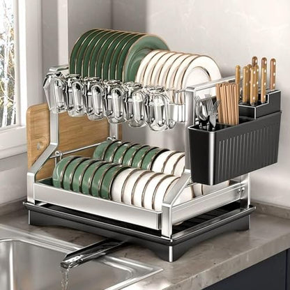 Fandian Dish Drying Rack 2 Tier Dish Racks for Kitchen Counter and Sink, Large Dish Drying Rack with Drainboard & Utensil Holders Stainless Steel Dish Drainers Kitchen Organization and Storage - color: White Dish Racks