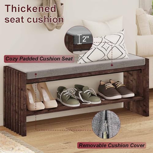 40" Storage Bench with Plush Cushion & 2-Tier Organizer, Modern Entryway Ottoman Bench for Hallway, Mudroom, Bedroom (Rustic Oak) - color: Rustic Oak