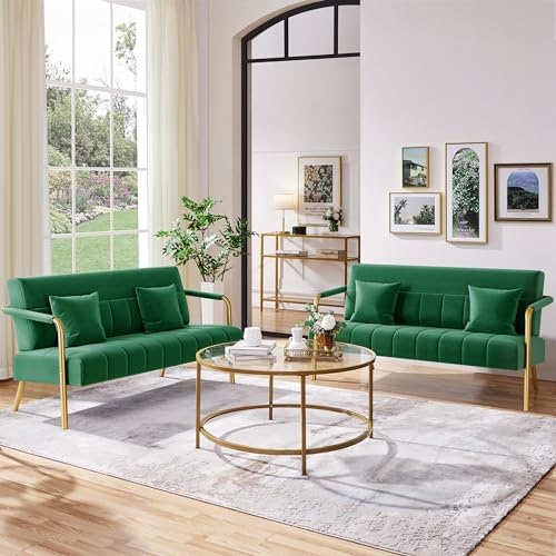 Yaheetech 56.5" Smal Sofa 2 Seater Couch with Gold-Tone Legs, Green | Small Sofa Loveseat Velve 2 Seater Couch with Tufted Back Gold Metal Frame 2 Pillows for Office, Studio,Living Room - color: Green, size: 56.5" W