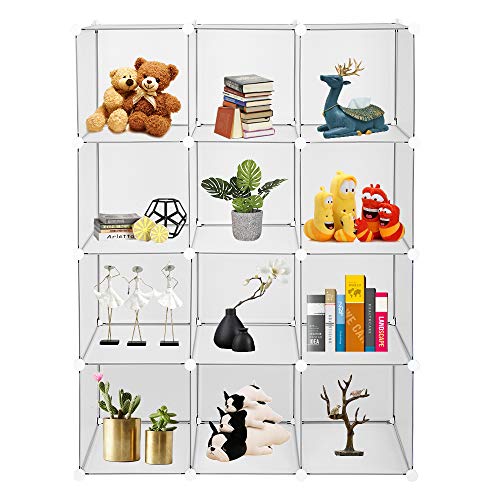 VINGLI Cube Storage, 12 Cubes Organizer Shelves Plastic Book Shelf, DIY Modular Storage Cube Organizer w/Hammer for Bedroom Living Room Office - Translucent White