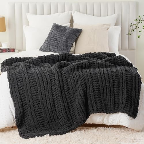 Battilo Chunky Knit Throw Blanket for Couch, 50"x60", Charcoal | Hand Knit, Dark Grey Throw Blanket, Cozy Warm Thick Soft Chenille Throw Blanket for Bed, Sofa, Living Room - color: Charcoal