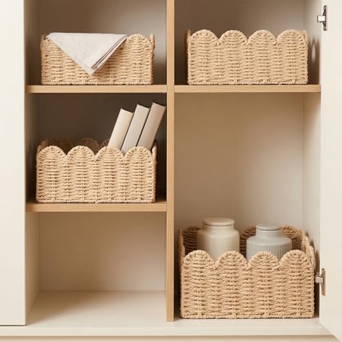 Scalloped Wicker Baskets Set of 3, Hand-Woven Storage with Handles | set of 3 beige scalloped baskets with handles. Hand-woven paper rope for shelves, bathroom or closet. Stackable, sturdy. - color: Beige