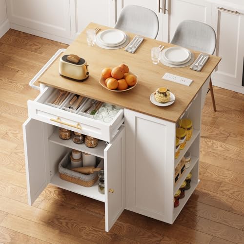 Kitchen Island with Storage, Rolling Kitchen Table with Drop Leaf, Charging Station, 3 Open Adjustable Shelf & Drawer, Towel Rack, Mobile Kitchen Cart for Dining Room, White and Natural - color: White + Natural