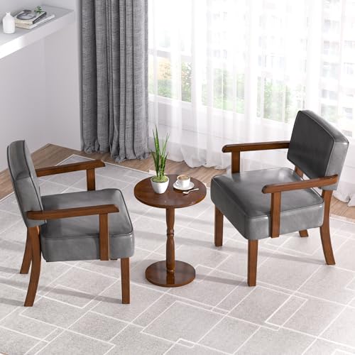 Accent Chairs Set of 2, 2 Solid Wood Armchairs with Side Table | Faux Leather Chair with Soft Thicken Cushion, Comfy Reading Chair for Bedroom, Waiting Room, Home Office, Easy Assembly - color: Faux Leather Gray, size: Set of 2 with table
