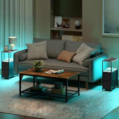 TUTOTAK Narrow LED End Table with Charging Station, Skinny Side Table | Bedside Table with Outlets, Nightstand with 2 Cloth Drawers, Couch Table for Living Room, Bedroom, Greig TB01BG056 - color: Greige, style: 2 Drawers with Plug & Light