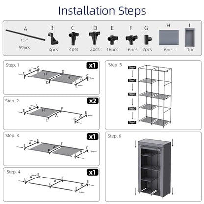 Gray Cover Portable Closet with 6 Shelves & 2 Hanging Rods | Wardrobe closet easy to assemble. Good storage functionality for basic needs. 34.6"×17.7"×66.1". Bedroom, dorm, apartment. - size: Medium