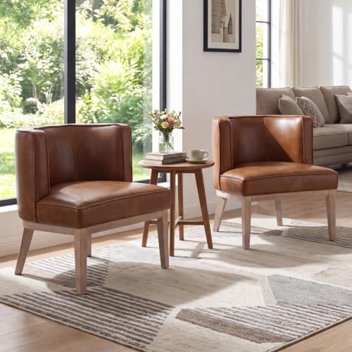 Modern Barrel Accent Chair Set of 2，Mid Century Faux Leather Armless Side Chair Upholstered Comfy Reading Chair with Solid Wooden Frame for Living Room/Bedroom, Brown - color: Brown, size: 2PCS