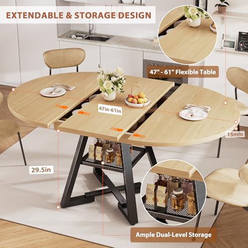 Extendable Dining Table for 4-8, Round Extendable Dining Room Table with Removable Leaf & Storage Shelf, Expandable Oval Kitchen Table with Pedestal Base, Modern Industrial Space Saving (Natural) - color: Natural