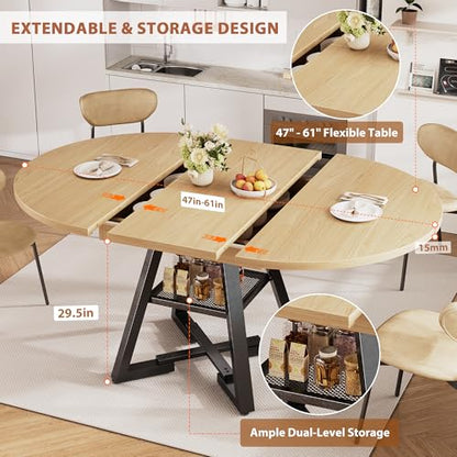 Extendable Dining Table for 4-8, Round Extendable Dining Room Table with Removable Leaf & Storage Shelf, Expandable Oval Kitchen Table with Pedestal Base, Modern Industrial Space Saving (Natural) - color: Natural