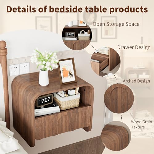 Floating Nightstand Set of 2, Wall Mounted Nightstand with Drawer | Bedside Table, Small Night Stand, with Open Storage Shelf, for Bedroom, Modern, Walnut