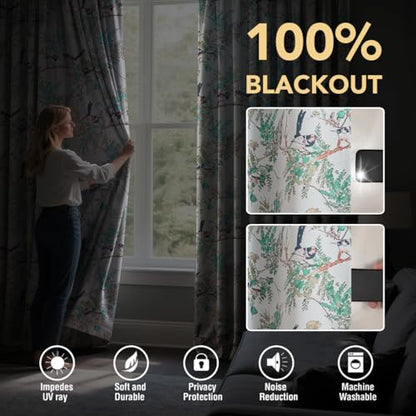 H.VERSAILTEX 꽃무늬 100% 암막 빈티지 커튼 160cm(63인치) 길이 2패널 패턴 단열 커튼 침실 거실 그로밋 창문 커튼 드레이프, 터키석/블랙 - color: 터키석/블랙., size: 52"W x 63"L (Pack of 2)