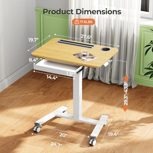 28" Mobile Standing Desk with Drawer, Portable Laptop Desk | Rolling Desk with Cup Holder & Hooks, Height Adjustable Computer Cart on Wheels for Classroom, Study Desk with Storage, Maple - color: Maple, size: 28"