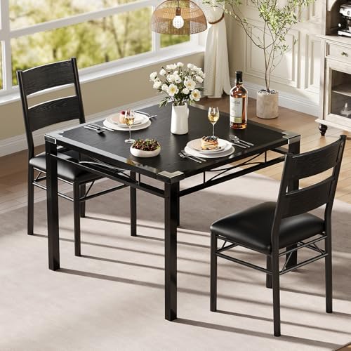 IDEALHOUSE Dining Table Set for 2 with Upholstered Chairs, Wood Dining Room Table Set for 2 with Corner Protector, Kitchen Table Chairs Set of 2, for Dining Room, Apartment, Rustic Black - color: Rustic Black, size: Table and 2 Chairs