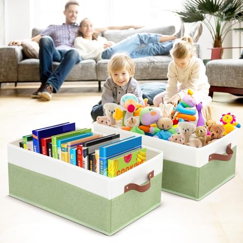 3 Pack Large Capacity Storage Bins Closet Organizer for Shelves | Fabric Closet Storage Baskets Boxes with Leather Handles for Organizing Clothes, Sheets, Jeans, Toys, Books (Green) - style: 3 Pack Green & White