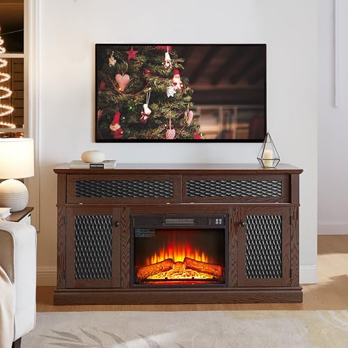 Fireplace TV Stand 58 in with 23 inch Electric Fireplace Insert, Wood Entertainment Center for TV up to 65 inch, Rustic Media Console with Embossed Sliding Doors and Cable Management, Dark Cherry - color: Cherry-d