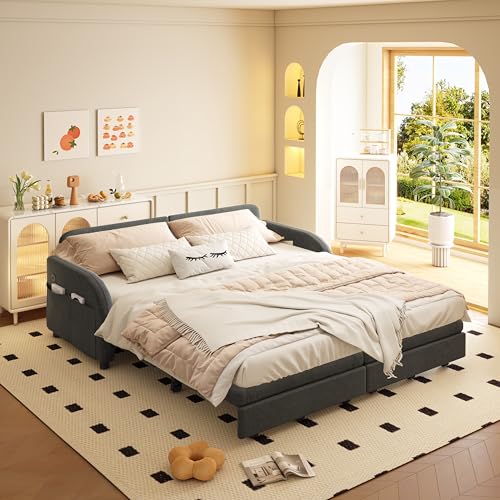 65.4'' Queen Size Sleeper Sofa Bed, 3-in-1 Pull Out Chenille Couch, Grey | Cozy Curved Armrest, Loveseat with USB, 2 Round Pillows, Washable Cover, Pocket, for Living Room, Apartment, Small Spaces, RV - color: Grey, size: 65.4'' Queen