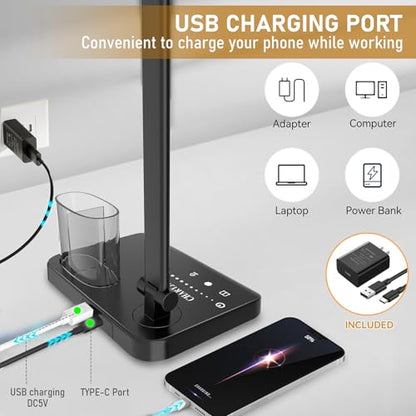 Retractable Dimmable LED Desk Lamp with USB Charging Port Desk Light | Height Adjustable 50 Lighting Modes Dual Swing Arm Architect Adjustable Table Lamp Light for Home Office Dorm Nail, Black - color: Pure Black