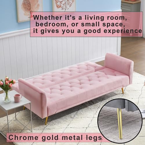 Majnesvon 71" Pink Futon Sofa Bed Couch: Velvet Fabric Memory Foam 2 Pillows Gold Metal Feet Adjustable Tufted Backrest, Convertible Folding Sleeper Loveseat for Living Room Bedroom Apartment (Pink) - color: Pink