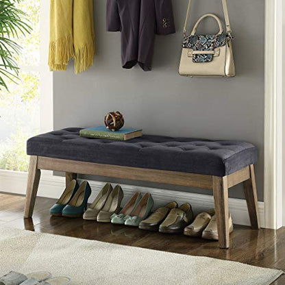 24KF Velvet Upholstered Buttons Tufted Entryway Bench with Solid Wood Leg,Bed Bench Ottoman with Padded Seat,5034-Midnight - color: Midnight Velvet, size: Tufted Bench with Solid Wooden Base
