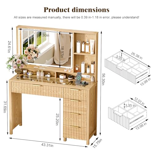 Arulvmrn Makeup Vanity Desk with Mirror and Lights, 43.3'' Glass Tabletop Vanity Table with 5 Drawers & Shelves,Big Vanity Set for Bedroom, Oak - color: Oak
