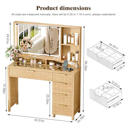 Arulvmrn Makeup Vanity Desk with Mirror and Lights, 43.3'' Glass Tabletop Vanity Table with 5 Drawers & Shelves,Big Vanity Set for Bedroom, Oak - color: Oak