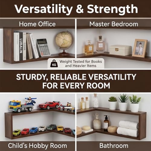 Floating Corner Shelves Set of Three Wall Mounted Wood Storage Display Rack Space Saving Organizer for Bedroom Living Room Kitchen(Includes LEDs) (2)