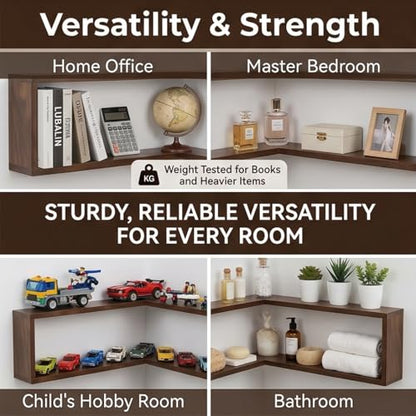 Floating Corner Shelves Set of Three Wall Mounted Wood Storage Display Rack Space Saving Organizer for Bedroom Living Room Kitchen(Includes LEDs) (2)