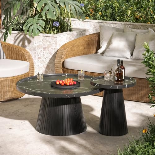 win2win Nesting Coffee Table Set of 2 with Marble Veneer, Black | Modern Round Tea Table and End Table Set, Minimalist Wood Center Tables for Living Room, Office, Fluted Design