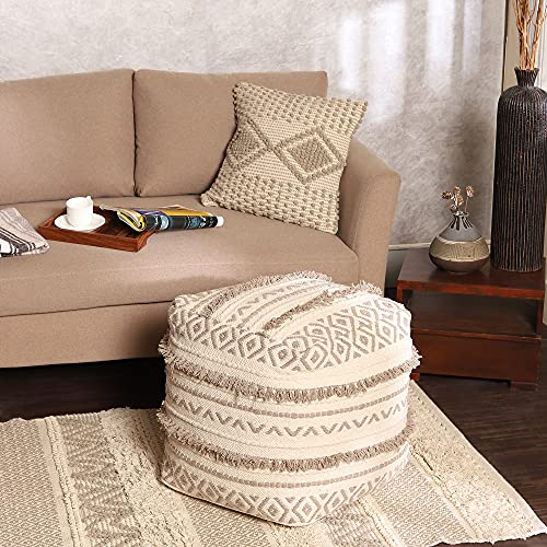 · REDEARTH · Pouf with Filler Cube Bean Bag Pouffe - Geometric Craft Taupe | 100% Cotton; 17.5"x17.5"x17.5"; Storage Cube, Doubles as Footrest; Boho Decor for Living Room, Bedroom, Nursery, Kidsroom - color: Geometric Craft Taupe With Filler