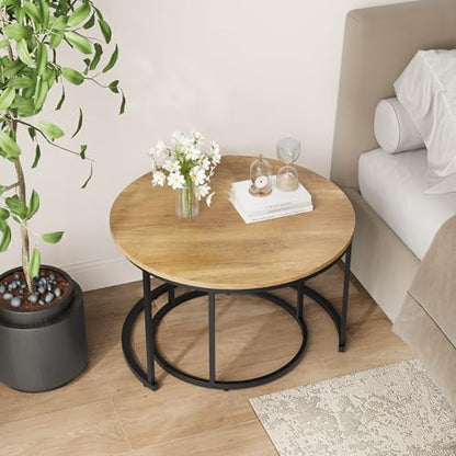 Smuxee Nesting Coffee Table Set of 2, 27.6" Round Coffee Table Wood Grain Top with Adjustable Non-Slip Feet, Industrial End Table Side Tables for Living Room Bedroom Balcony Yard - color: Brown, size: 27.6"W