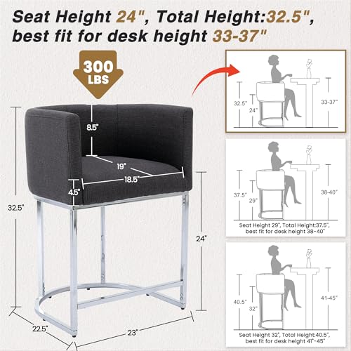 HNY Modern Counter Height Linen Charcoal Fabric Upholstered Counter Stools Set of 2, 24 Inch Kitchen Island Stool with Chrome Finish Metal Frame - color: 24inch Charcoal,chrome Base