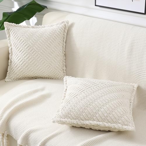 decorUhome Decorative Cream White Throw Pillow Covers 18x18 Set of 2 with Splicing, Boho Soft Corduroy Broadside Twill Spring Pillow Covers for Couch Bed Sofa Living Room | Boho Decorative Soft Broadside Twill Accent Modern Farmhouse Neutral Pillow Covers