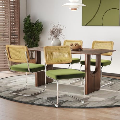 Rattan Dining Chairs Set of 4,Velvet Cesca Chair Kitchen Chair,Olive Green | VICBARLEY Mid Century Modern Dining Chairs,Wood Cane Backrest&Chrome Base,Upholstered Side Chair for Dining Room,Kitchen - color: Olive Green, size: Set of 4