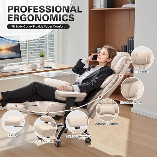 BestGlory Office Desk Chair, Big and Tall Leather Gaming Chair with Footrest, Wide Ergonomic Comfy Executive High-Back Reclining Computer Chairs, Swivel Rolling Wheels and Padded Lumbar Support, Beige - color: Beige, style: 3 Position Reclining