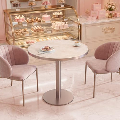31.5'' Tulip Table, Round Dining Table with Glossy Sintered Stone Tabletop | Rose Gold Aluminum Alloy Edge & Pedestal, Small Bistro Table for Dining Room/Café/Small Spaces/Restaurant (Blush Onyx) - color: Blush Onyx (Rose Gold), size: Round