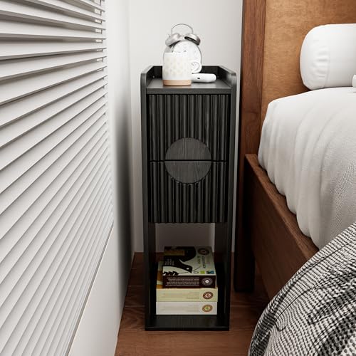 Black Night Stand Set of 2, Narrow Nightstand with Drawers, Small Bedside Table, Skinny Bed Side Table, Modern Nightstand for Bedroom, Living Room, Wood, Fluted, Black - color: Black-2 Pcs