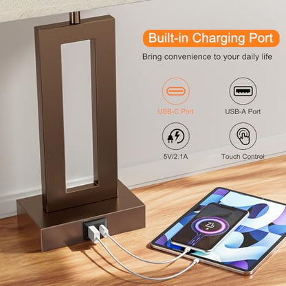 Seealle Bedroom Lamps for Night Stands - Touch Control, 3 Way Dimmable, USB C+A Charging, LED Bulbs, Easy Assembly(Yellow&Brown) - color: P. Beige&Coffee, size: Medium(19.6in)