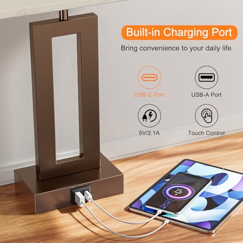 Seealle Bedroom Lamps for Night Stands - Touch Control, 3 Way Dimmable, USB C+A Charging, LED Bulbs, Easy Assembly(Yellow&Brown) - color: P. Beige&Coffee, size: Medium(19.6in)