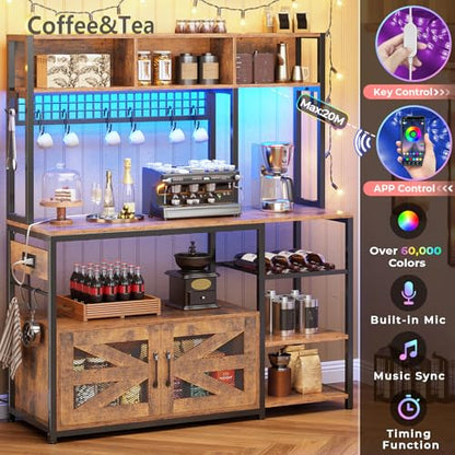Itaar 47.2 Inch Bakers Rack with Power Outlet, Microwave Stand with Storage, Farmhouse Coffee Bar Cabinet Station with Wine Rack, Iron Mesh and 8-S Hooks (Rustic Brown) - color: Rustic Brown