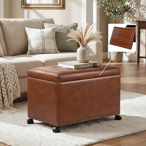 Homebeez Faux Leather Storage Ottoman with Wheels and Reversible Tray Top, 22” Tufted Rectangular Coffee Table with Hidden Storage, Nailhead Rolling Footrest for Living Room & Bedroom, Caramel Brown - color: Caramel Brown With Wheels