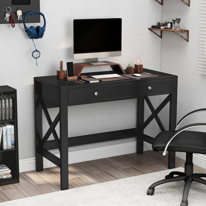 ChooChoo 40 Inches Farmhouse Computer Desk with 2 Drawers | Wooden Writing Desk, Study Desk for Home Office, Makeup Vanity, Black - color: Black, size: 40inch without Power Outlet