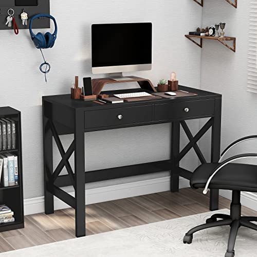 ChooChoo 40 Inches Farmhouse Computer Desk with 2 Drawers | Wooden Writing Desk, Study Desk for Home Office, Makeup Vanity, Black - color: Black, size: 40inch without Power Outlet