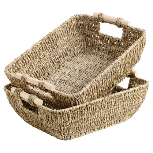 StorageWorks Seagrass Storage Baskets, Large Snack Baskets for Shelves | Wicker Storage Baskets for Shelves, Baskets with Wooden Handles, 2-Pack Gifts Basket for Home Decor, Hand-Woven Basket - color: Natural(Seagrass), size: Medium