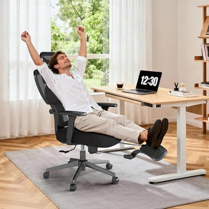 Ergonomic Office Chair with Footrest – Adjustable Lumbar Support, 3D Armrests & Headrest, Wide-Seat High-Back Mesh Computer Chair with Casters, Suitable for Home & Office, Black - style: with Footrest