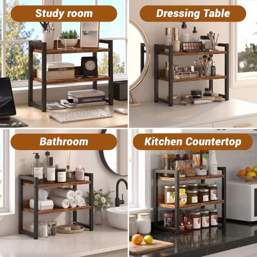 Kitchen Countertop Organizer Shelf, 3 Tier Spice Rack Wood Coffee Counter Shelf Kitchen Cabinet Organizer with Metal Leg for Countertop, Pantry, Bathroom Countertop Organizer, Rustic Brown