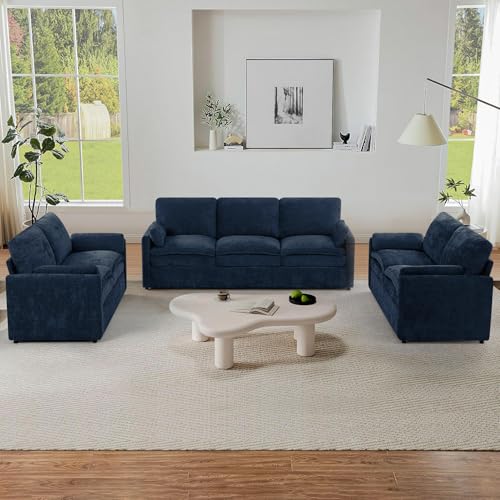 3 Pieces Chenille Sofa Set w/Two Arm Pillows, Blue | Upholstered 2 Pieces Loveseat & 3-Seater Sofa w/Soft Cushions, Modern 2-Seat & 3-Seat w/High-Density Foam for Living Room - color: Blue, size: 69" & 69" & 89" Sofa Set
