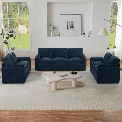 3 Pieces Chenille Sofa Set w/Two Arm Pillows, Blue | Upholstered 2 Pieces Loveseat & 3-Seater Sofa w/Soft Cushions, Modern 2-Seat & 3-Seat w/High-Density Foam for Living Room - color: Blue, size: 69" & 69" & 89" Sofa Set