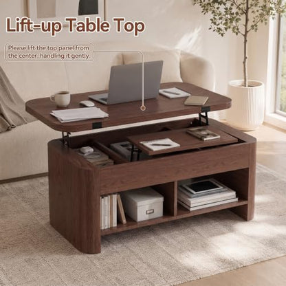 37.5" Lift Top Coffee Table with Storage, Farmhouse Coffee Table with Hidden Compartment & Open Shelf, Lifting Tabletop, for Living Room, Home Office - color: Brown