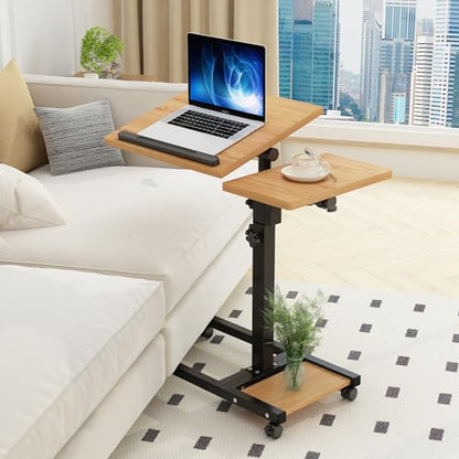 TigerDad Mobile Adjustable Height Laptop Stand PC Computer Portable Notebook Swivel Laptop Desk Rolling Table Desk Cart Tiltable with Wheels Casters& Mouse Pad Table (Wood) - color: Wood-grain